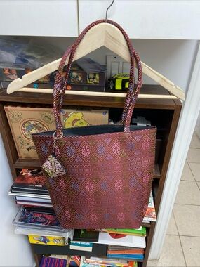 Vintage Thai Handcrafted Ethnic Tote Bag in Burgundy Pattern